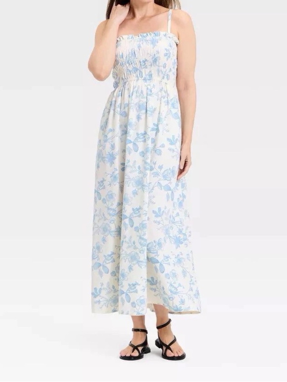 Smocked White Maxi Dress with Light Blue Floral Print